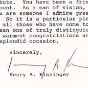 Congratulatory letter from Henry Kissinger to Max Fisher on his receiving the National Distinguished Leadership Award in 1994.