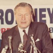 Max M. Fisher looks on as Nelson A. Rockefeller speaks at a presidential campaign fundraising event for George Romney in Detroit.