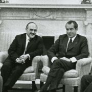 Max Fisher meeting with Richard Nixon and other leaders, including John Ehrlichman, William Rogers, Rabbi Hershel Schacter, and William Wxler, in the White House in 1970.