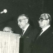 Max Fisher with Leon Dulzin, Joseph Sternstein, Charlotte Jacobson, and Ephraim Evron at the American Assembly for Zionism and Israel in 1981.