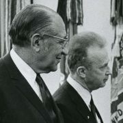 President Nixon is presented with his personal copy of the first major Jewish encyclopedia to be published in 65 years. The presentation, in the Oval Office, is made by Mr. Max M. Fisher and Ambassador Yitzhak Rabin of Israel.