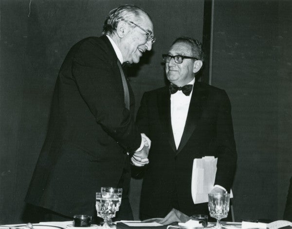 Henry Kissinger congratulates Max M. Fisher for winning the Stephen S. Wise Award from the American Jewish Congress.