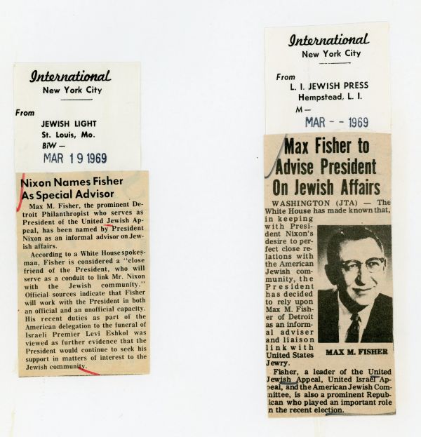 Clips from 1969 articles highlighting Max Fisher's appointment as a Special Advisor to President Nixon.