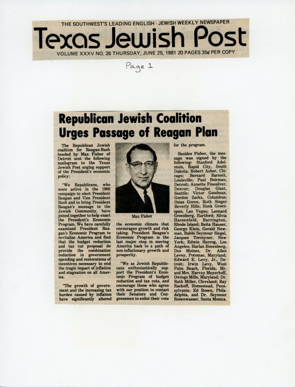 An article from the Texas Jewish Post entitled "Republican Jewish Coalition Urges Passage of Reagan Plan" quoted Max Fisher.
