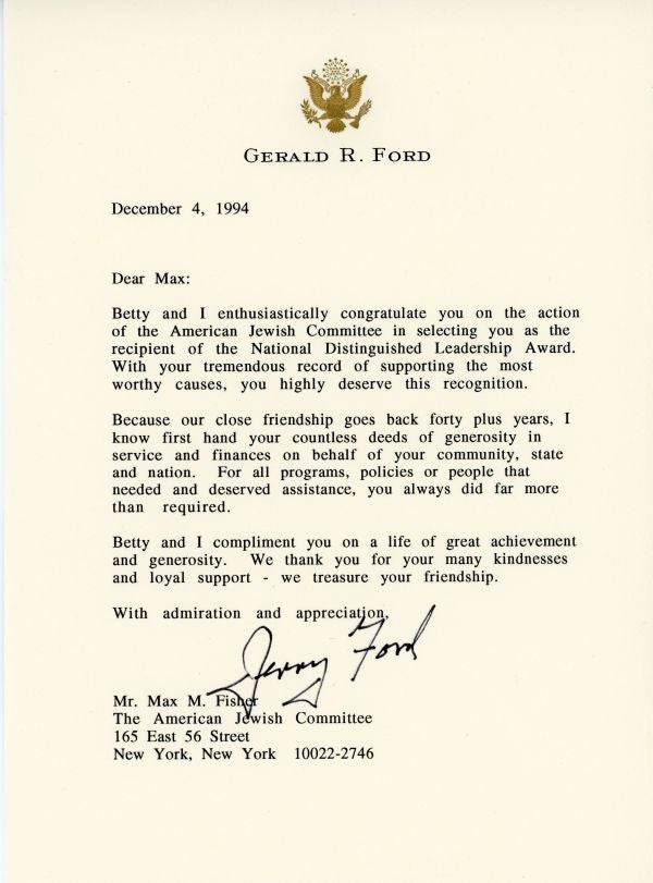Congratulatory letter from President Gerald Ford to Max Fisher on his receiving the National Distinguished Leadership Award in 1994.
