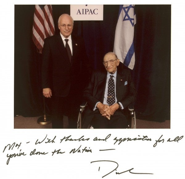 An aged Max Fisher with Vice President Dick Cheney at an American Israel Public Affairs Committee event.