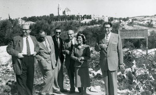 United Jewish Appeal members on a Study Mission to Israel in 1954. Left to Right: William Avrunin, Max Zivian, an Israeli guide, Herbert Abeles, unidentified woman, and Max M. Fisher. 