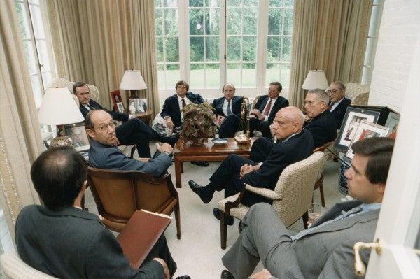 George H. W. Bush, Lee Atwater, George Klein, Joe Gildenhorn, Max M. Fisher, Gordie Zacks, Jack Stein, Craig Fuller, Dick Fox in a meeting at the White House.