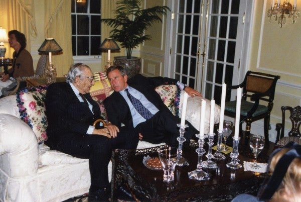 Max M. Fisher and President George W. Bush discussing matters in the White House.