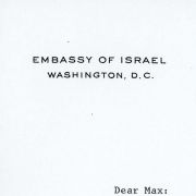 Letter to Max M. Fisher from Moshe Arad, former Israeli Ambassador to the United States.