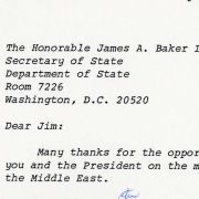 1990 letter from Max M. Fisher to Secretary of State Jim Baker concerning Middle East peace policy.