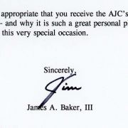 Congratulatory letter from Secretary of State James A. Baker III to Max Fisher on his receiving the National Distinguished Leadership Award in 1994.