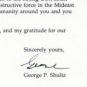 Congratulatory letter from George P. Shultz to Max Fisher on his receiving the National Distinguished Leadership Award in 1994.