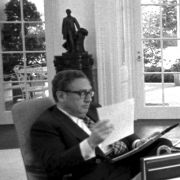 Max M. Fisher met with President Gerald Ford and Secretary of State Henry Kissinger in the Oval Office on April 9, 1975 to discuss the reassessment of US policy toward Israel.