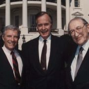 Max Fisher with Secretary of Commerce Robert Mosbacher and President George H. W. Bush outside the White House. Signed, "To Max - I love this shot. Your friend - George Bush"