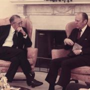 Max Fisher in meetings with President Ford and staff in the White House in the spring of 1975.