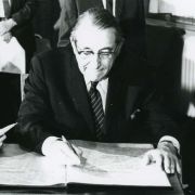 Max Fisher signing the Agreement for the Reconstitution of the newly Reconstituted Jewish Agency for Israel
