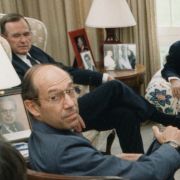 Left to Right: George H. W. Bush, Lee Atwater, George Klein, Joe Gildenhorn, Max M. Fisher, Gordie Zacks, Jack Stein, Craig Fuller, Dick Fox in a meeting at the White House.