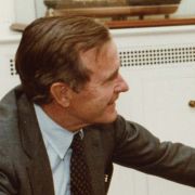 Max M. Fisher and George H. W. Bush share a laugh at the White House.