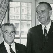 Left to Right: Honorary UJA Chairman Dewey Stone, President Lyndon B. Johnson, Chairman of the UJA Joseph Meyerhoff, Rabbi Herbert A. Friedman and Max M. Fisher at the White House.