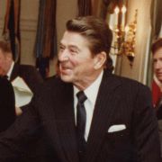 A photo of Max M. Fisher with Ronald Reagan, signed by the president.