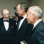 Meir Rosenne, Max M. Fisher, President George H.W. Bush and an unknown guest at a black tie event.