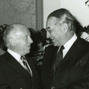 Max Fisher and Senator Jacob Javits at the Israel Bonds dinner for Sam Hausman in Palm Beach, Florida in 1975.
