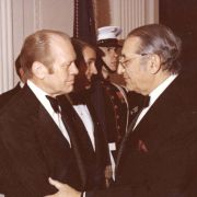 Max Fisher greets President Ford during a White House dinner for Israeli Prime Minister Yitzhak Rabin in 1976.