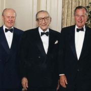 Max Fisher with Gerald Ford, Henry Kissinger, George H. W. Bush, and others at his 90th birthday party.