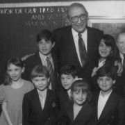 Max Fisher poses with his grandchildren at the dedication ceremony of the Max M. Fisher building, the new headquarters of the Jewish Federation of Metropolitan Detroit in 1992.