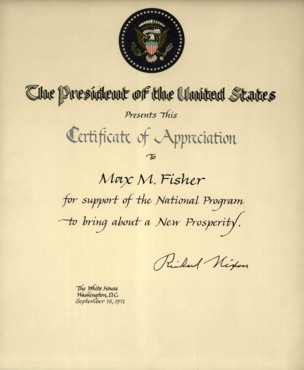 The official Certificate of Appreciation from President Nixon given to Max Fisher in 1971.