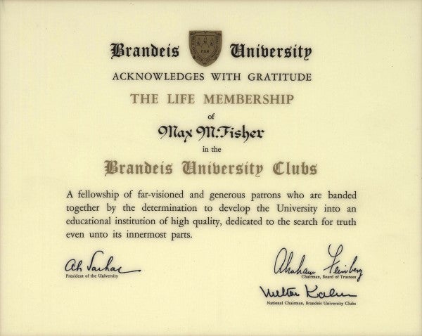 Max Fisher's lifetime membership to Brandeis University Clubs.