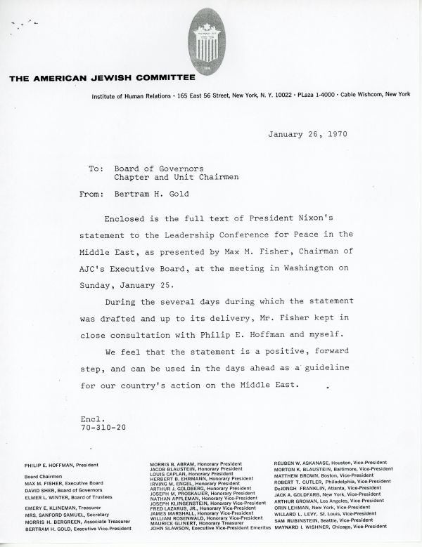 President Nixon's statement to the Leadership Conference for Peace in the Middle East in 1970, as presented by Max M. Fisher.