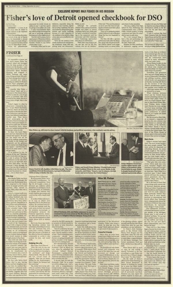 Page two of the front page story about Max Fisher in The Detroit News on September 26, 2003.