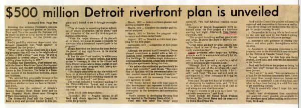 "$500 million Detroit riverfront plan is unveiled by Henry Ford"