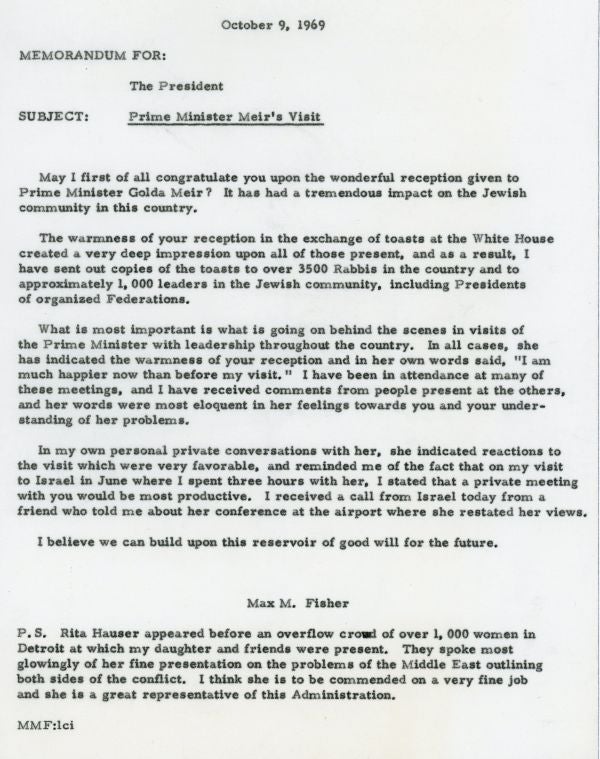 Letter from Max M. Fisher to President Nixon concerning Israeli Prime Minister Golda Meir's 1969 visit.