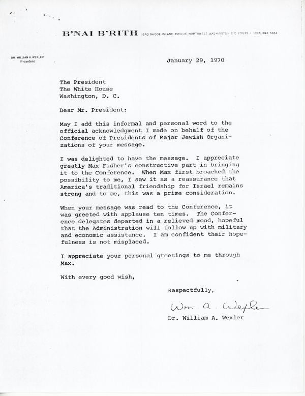 Letter from Dr. William A. Wexler to President Nixon