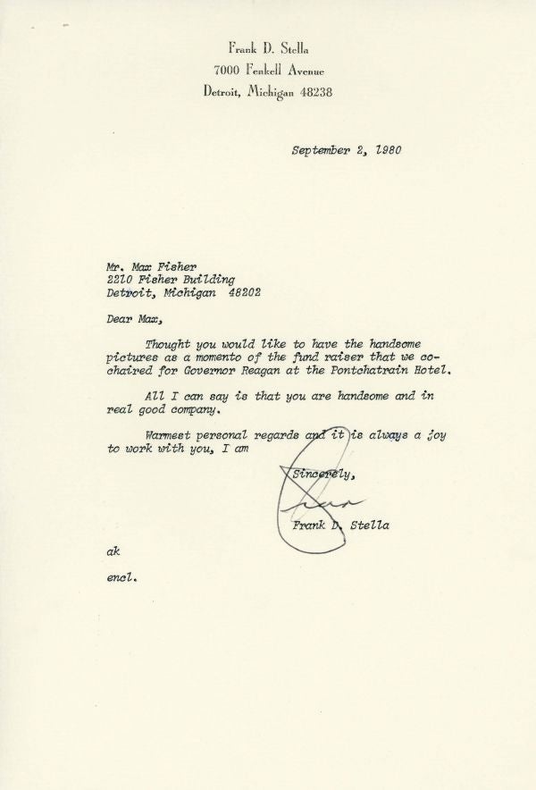 1980 letter to Max M. Fisher from Frank D. Stella.