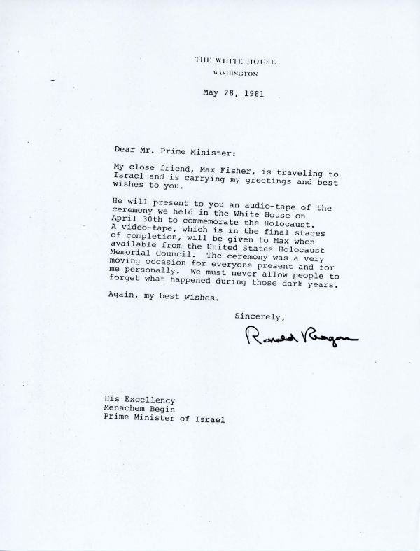 Letter from President Ronald Reagan to Menachem Begin about Max Fisher