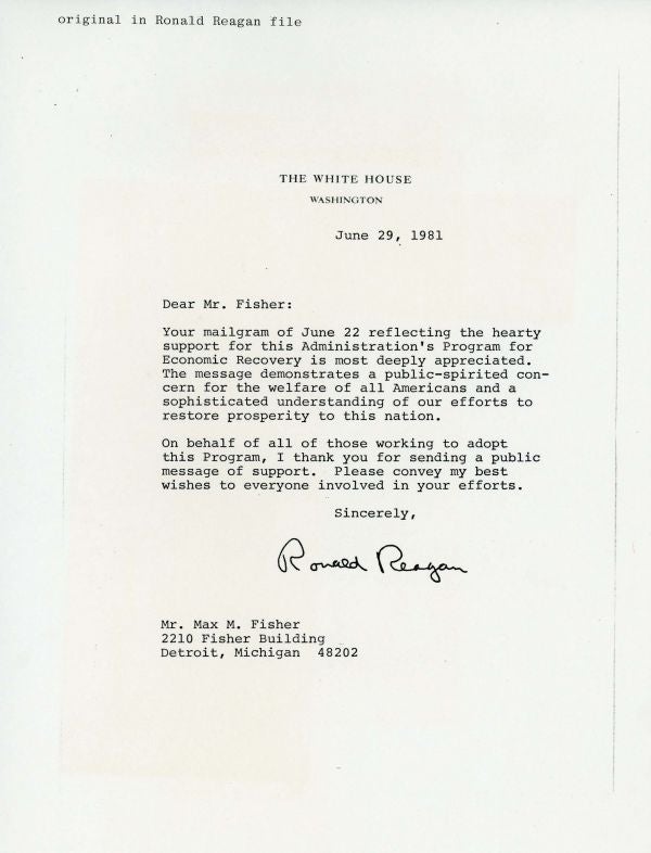 1981 letter from President Ronald Reagan to Max M. Fisher, thanking him for support of the Economic Recovery Program.