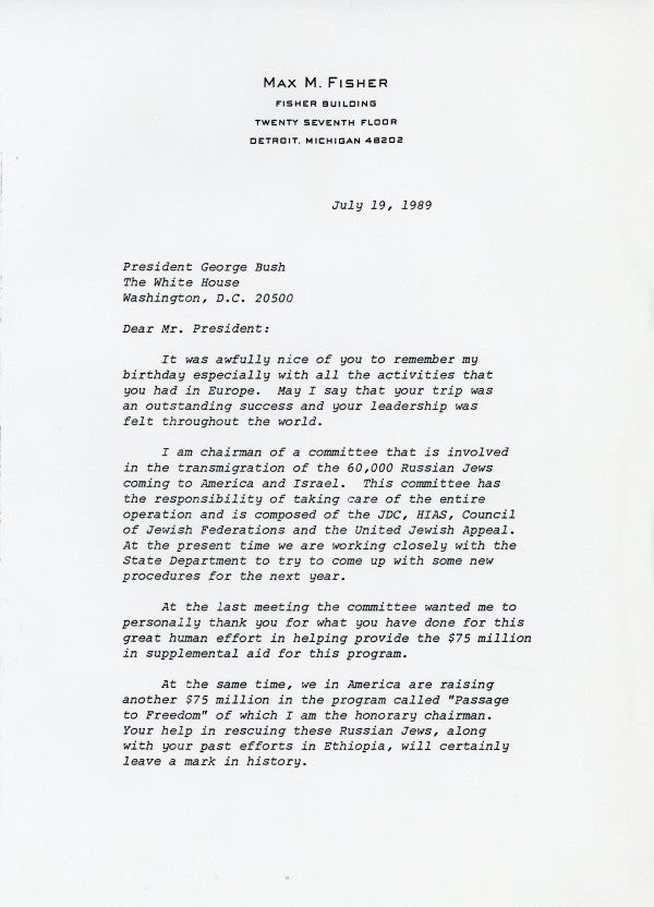 A 1989 letter of gratitude to President George H.W. Bush from Max M. Fisher also touches on points of Middle Eastern diplomacy.