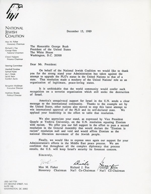 Letter to President George H.W. Bush from the Chairmen of the National Jewish Coalition.