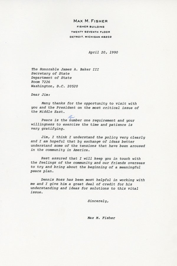 Letter from Max M. Fisher to Secretary of State Jim Baker concerning Middle East peace policy.