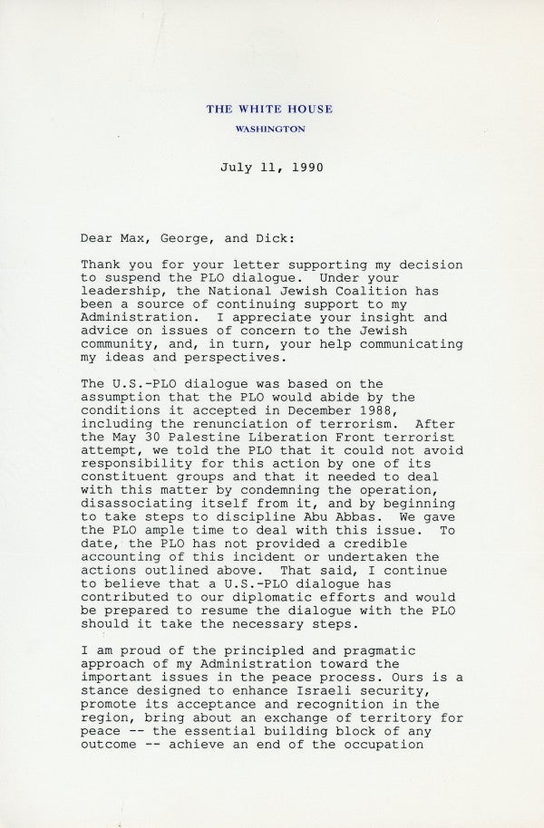 Letter from President George H.W. Bush to Max M. Fisher, George Klein, and Richard Fox – the Chairmen of the National Jewish Coalition.