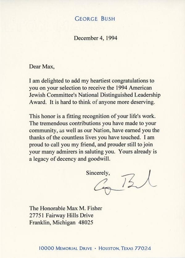 Congratulatory letter from President George H.W. Bush to Max Fisher on his receiving the National Distinguished Leadership Award in 1994.