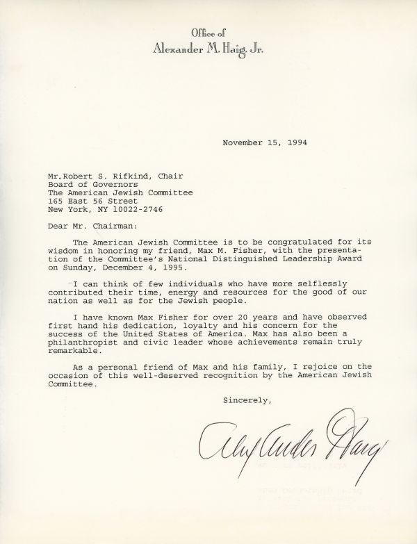 Congratulatory letter from Alexander Haig to Max Fisher on his receiving the National Distinguished Leadership Award in 1994.