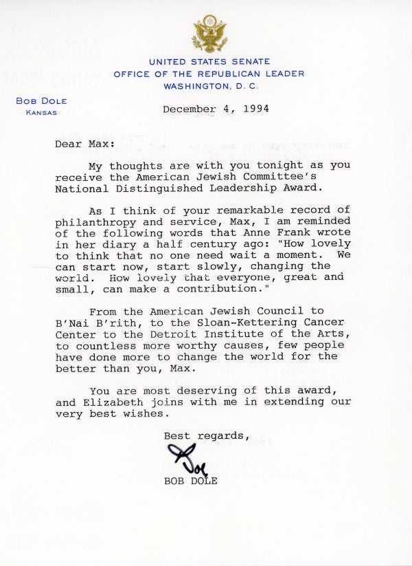 Congratulatory letter from Bob Dole to Max Fisher on his receiving the National Distinguished Leadership Award in 1994.