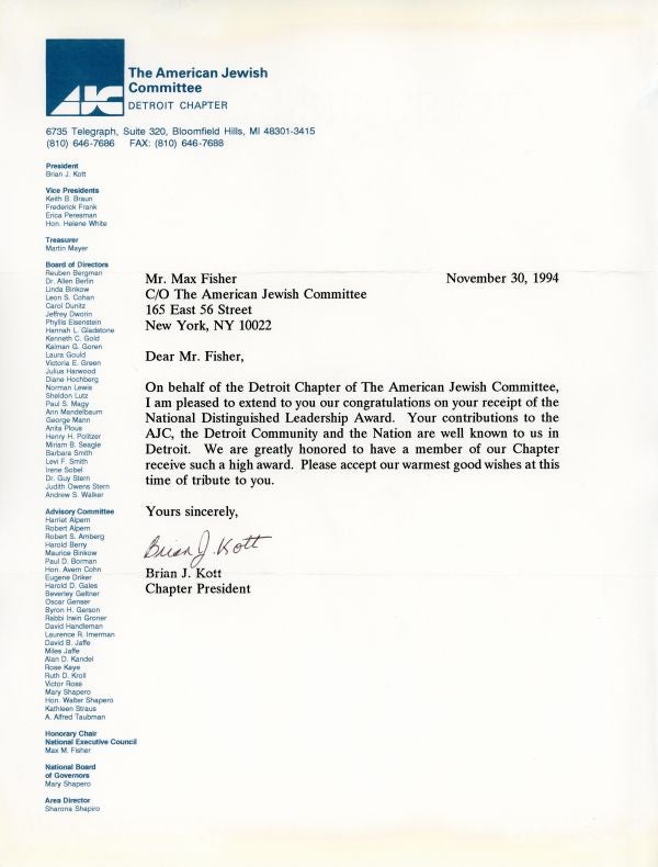 Congratulatory letter from Brian Kott, President of the Detroit Chapter of the AJC, to Max Fisher on his receiving the National Distinguished Leadership Award.