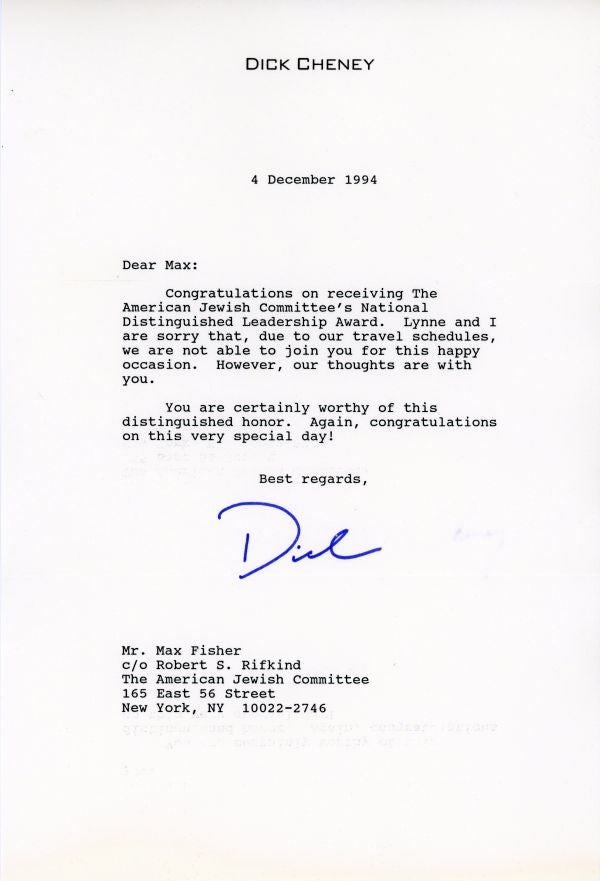 Congratulatory letter from Dick Cheney to Max Fisher on his receiving the National Distinguished Leadership Award in 1994.