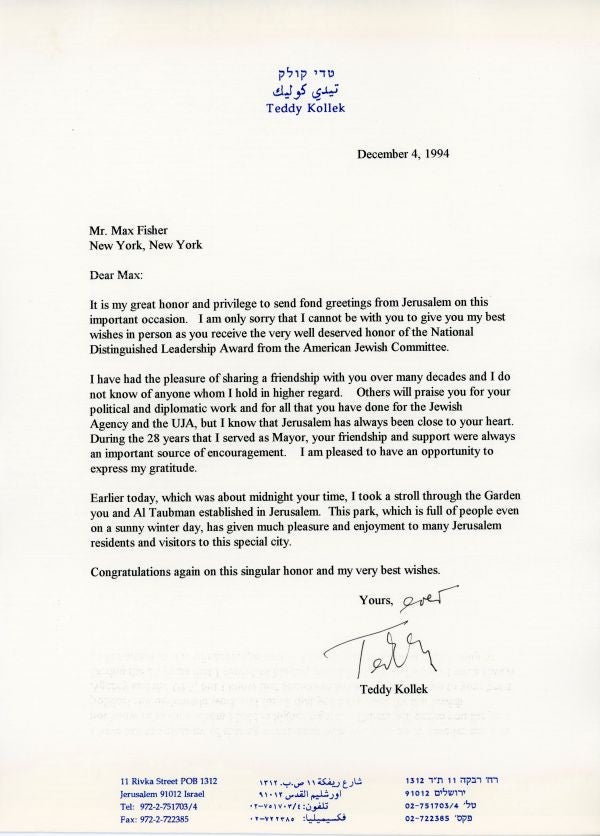 Congratulatory letter from Teddy Kollek to Max Fisher on his receiving the National Distinguished Leadership Award in 1994.